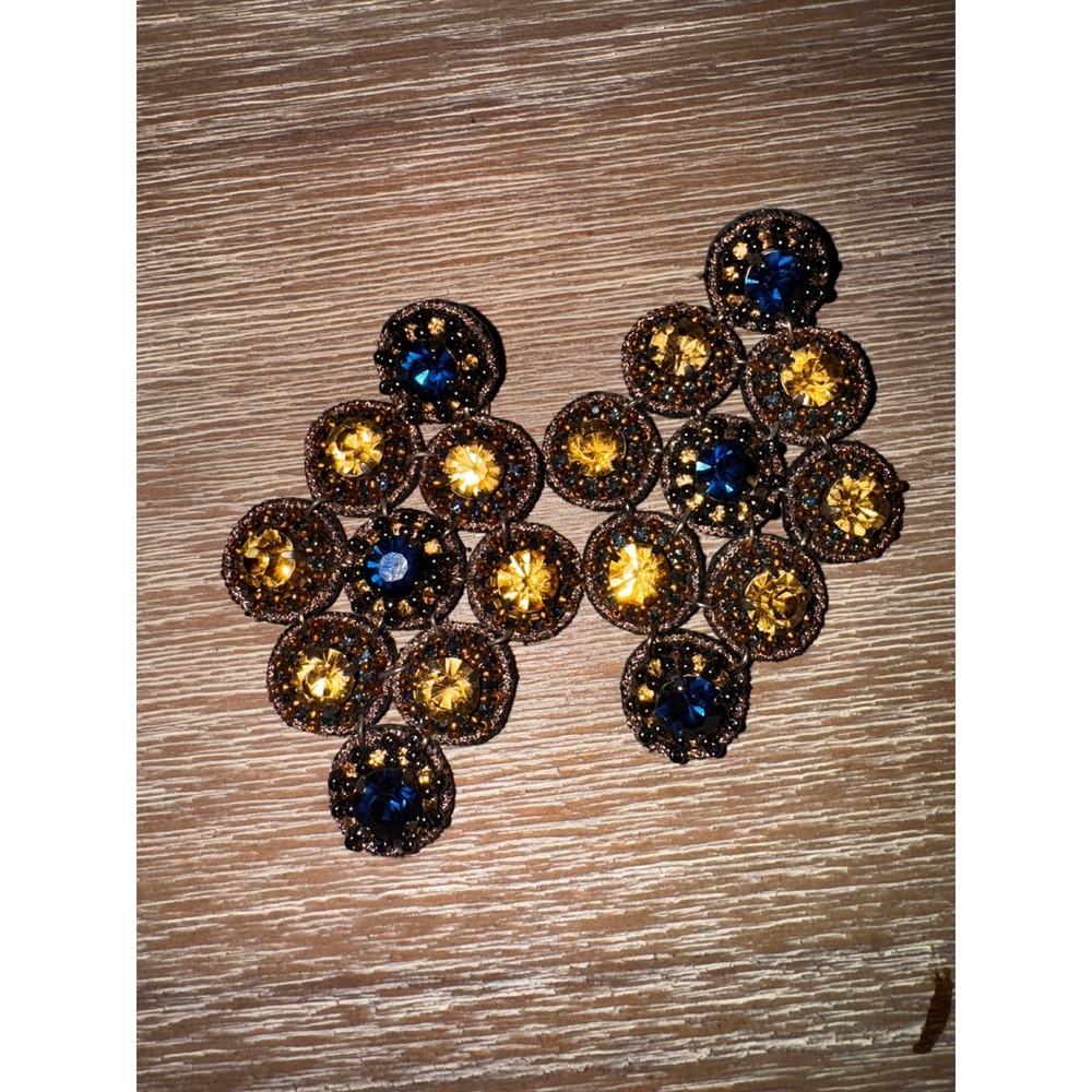 Ranjana Khan‎ Statement Dangle Earrings Blue Yellow Rhinestone Beaded Chandelier